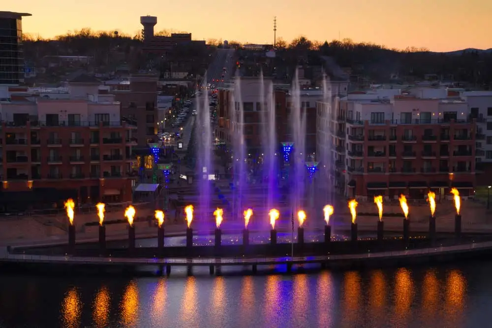 Skyline view of Branson, Missouri with the display showing at the landing waterfront park area.